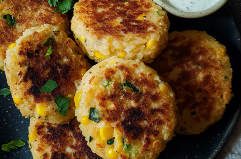 Potato Corn Patties with Garlic Yogurt Dip